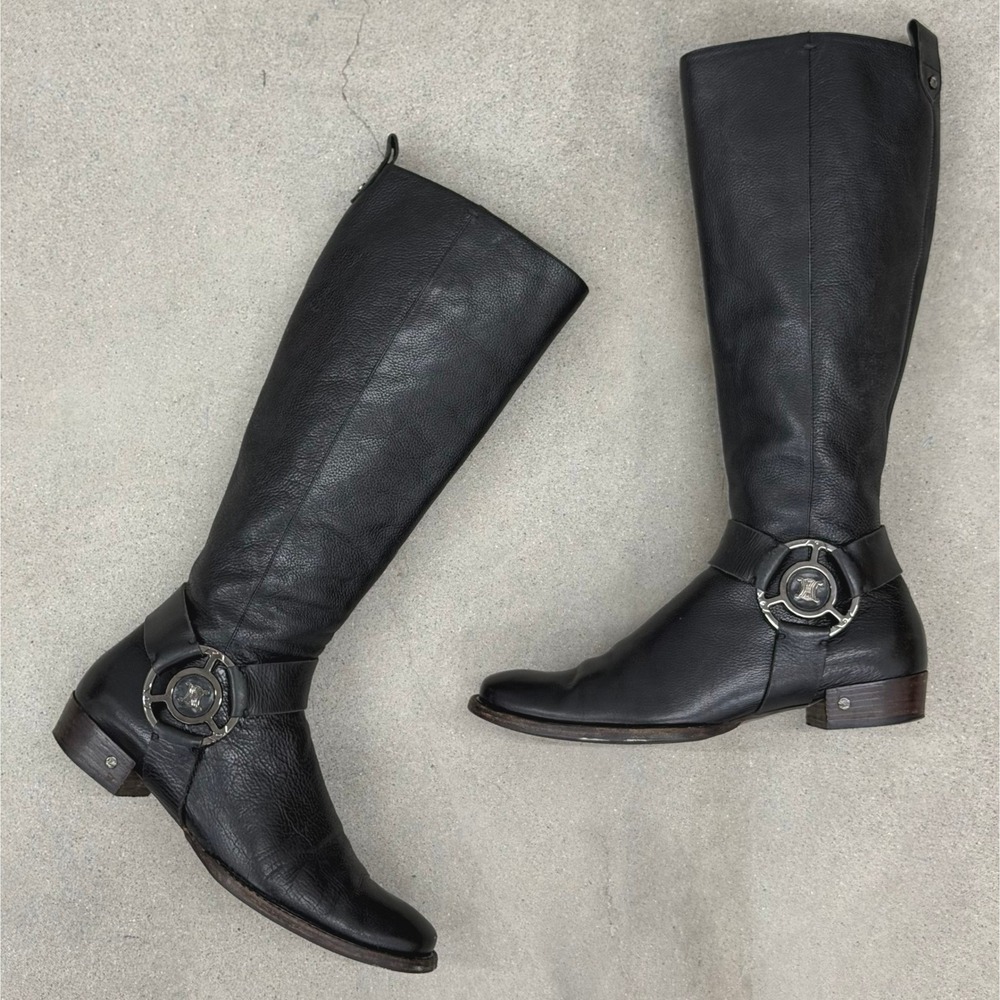 CELINE Tall Harness Riding Boots Womens 38.5 (8) Black Leather Zip Equestrian